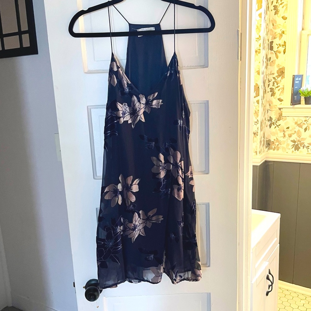 ANGL Stunning blue and pink chiffon and velvet floral shift mini dress